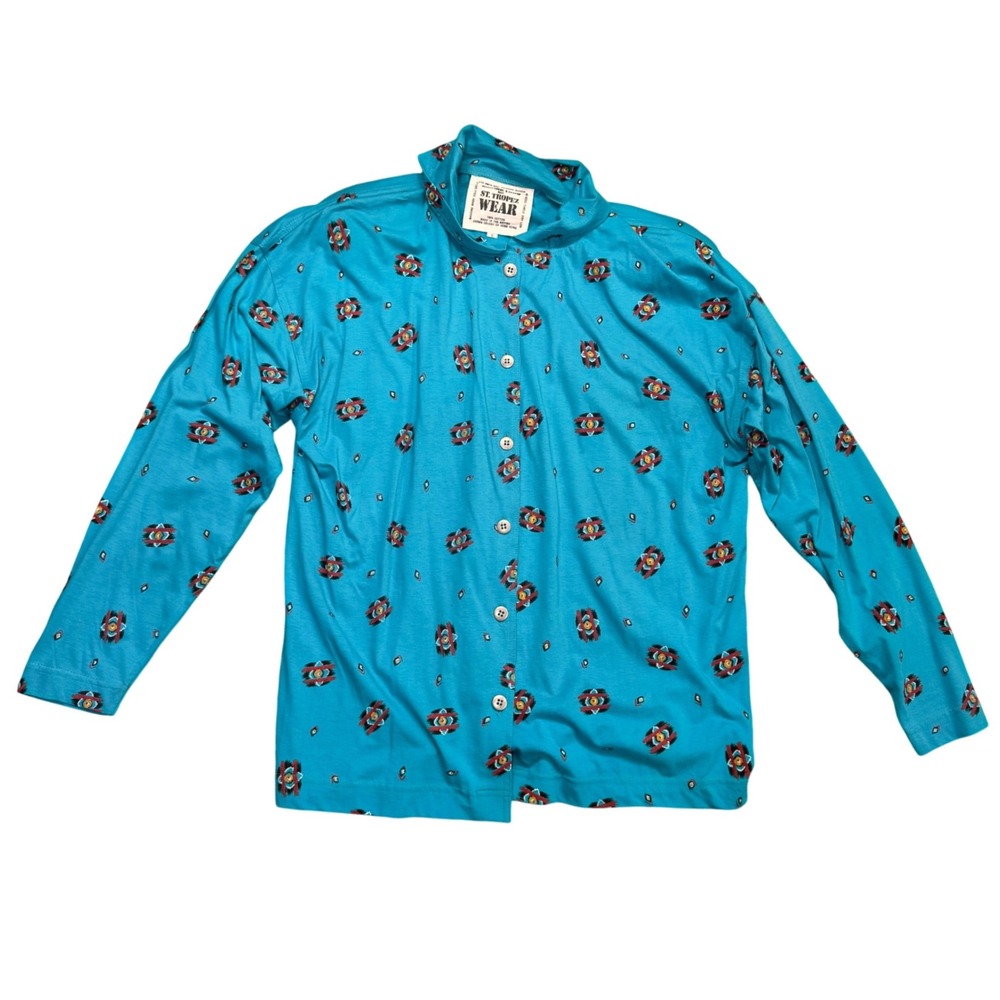 Vintage Carole Little St Tropez Wear Turquoise Southwestern Print Cotton Shirt S